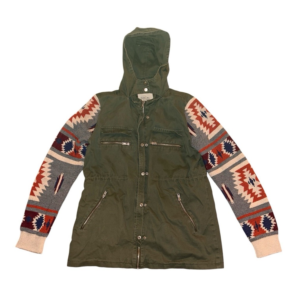 Thread Supply Womens L Olive Aztec Sweater Sleeve Hooded Utility Jacket Street
